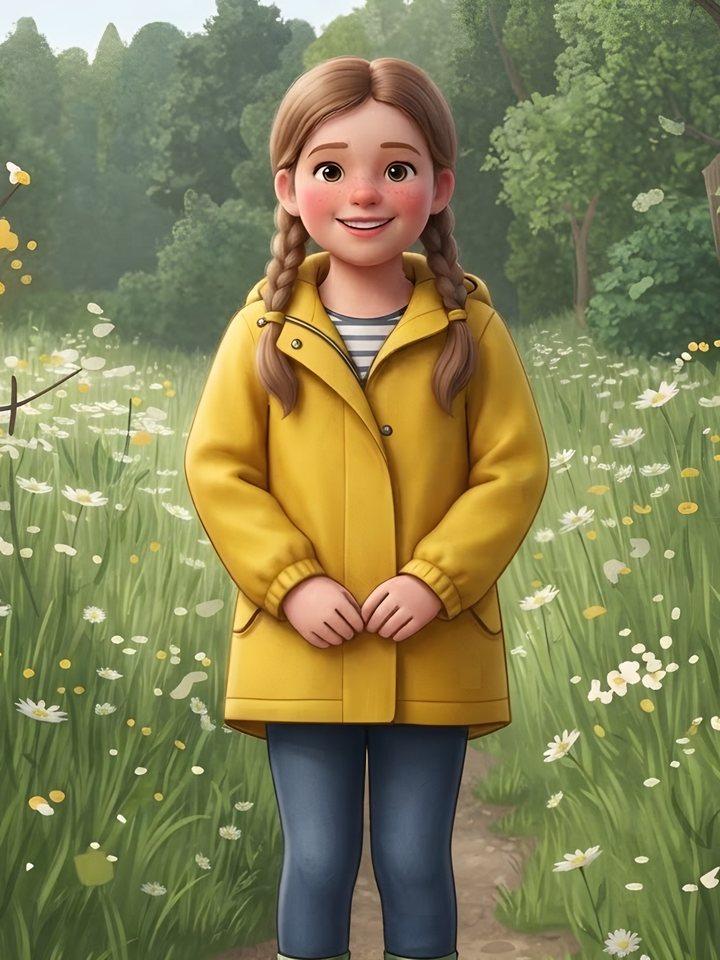 Annika smiling in her yellow raincoat, blue leggings and green boots on a path through a spring meadow.