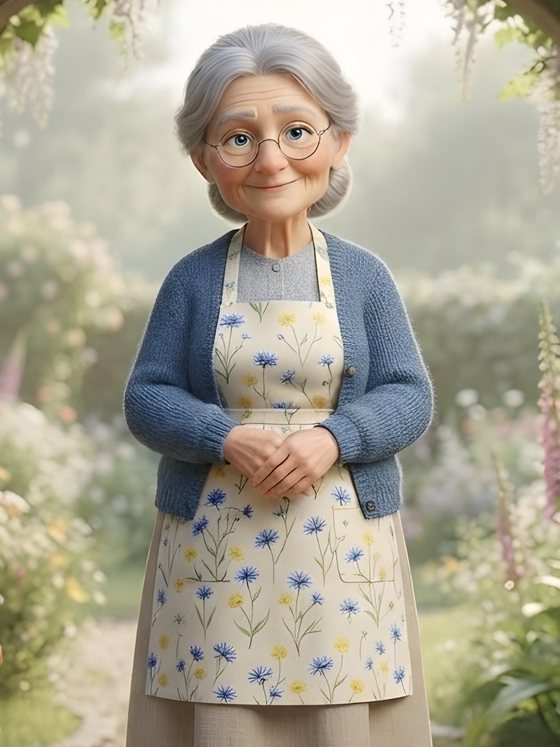 Mormor, a smiling grandmother with silver hair, glasses, a blue cardigan and a flowered apron.