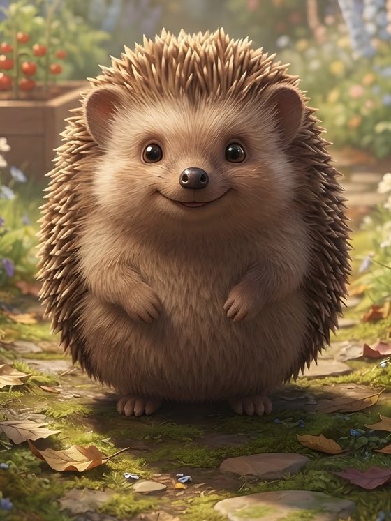 Pelle, a round, smiling brown hedgehog on a garden path.